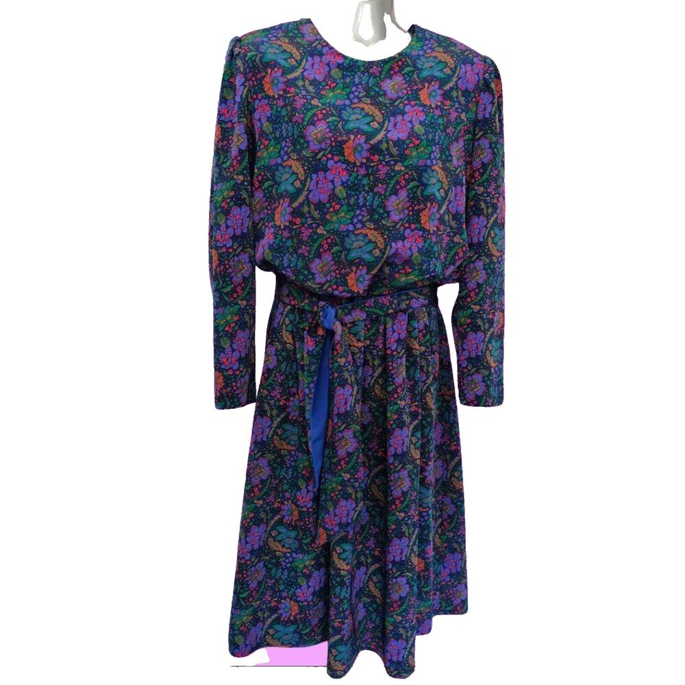 Vintage Retro Floral Purple Long Sleeve Midi Dress Shoulder Pads Sash Belt Sz 12